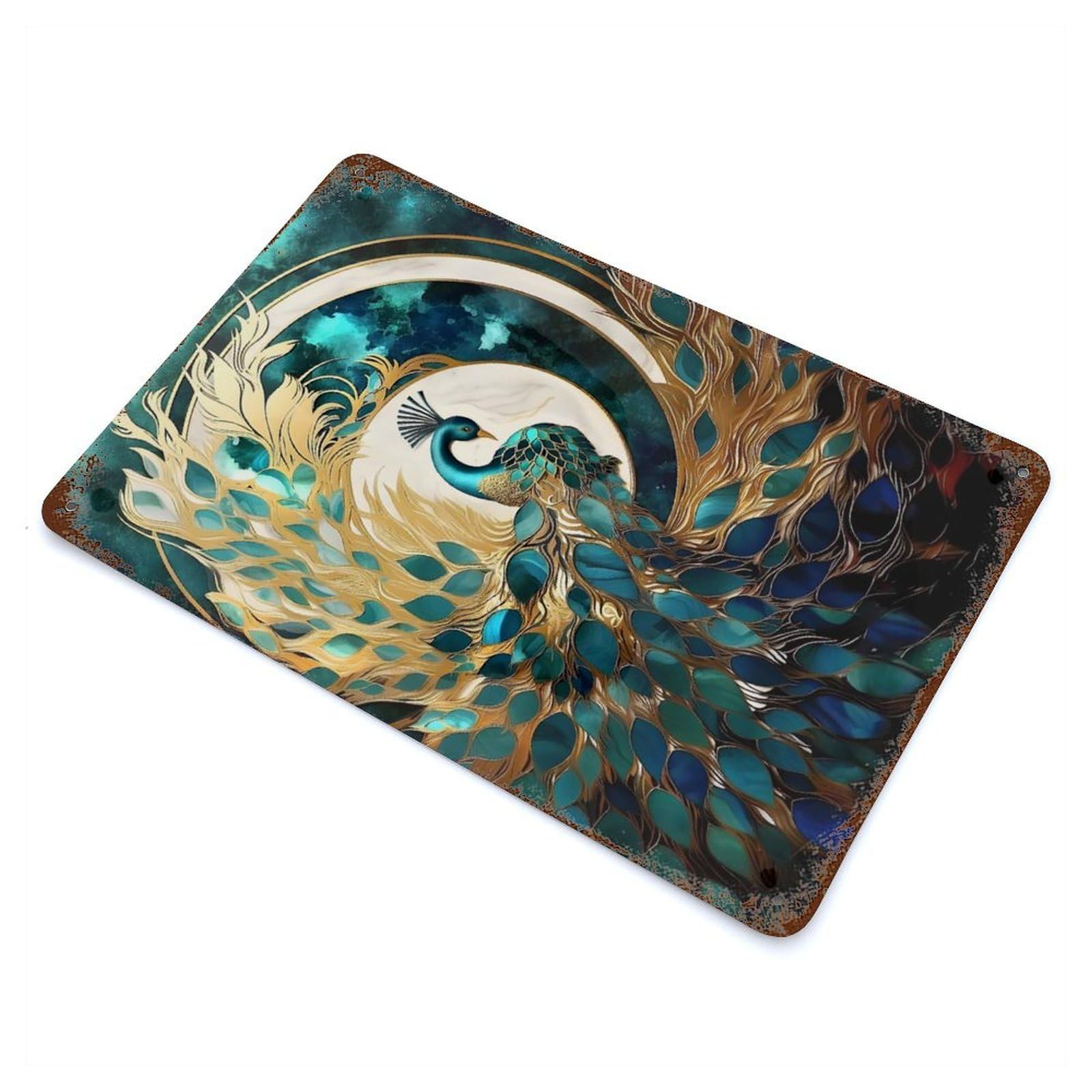 Rust Effect Abstract Peacock Kintsugi Decorative Tin Sign 11.8"x7.9", Vintage Wall Decor for Farmhouse, Kitchen And Entryway Decor