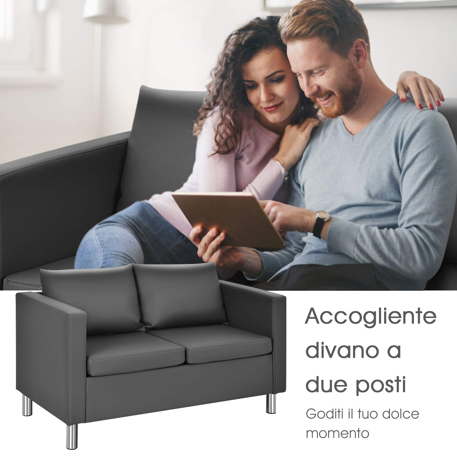 COSTWAY Divano a 2 Posti, Divano Moderno con Cuscino Morbido, Gambe in Legno di Gomma, In Similpelle PU, Carico 240 kg, 120x60x62,5 cm