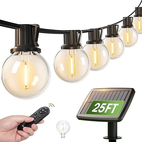 Miniatura 1 de addlon Tira de luces solares de 25 pies para exteriores, impermeables, con control remoto, G40 con 13 bombillas LED inastillables, 3 modos de luz,