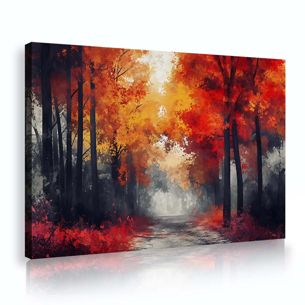 TOANGWALL Autumn Forest Path Canvas Wall Art Red Orange Maple Leaves Poster Prints Abstract Woods Landscape Picture Painting for Office Lounge Hotel Decor 75x115cm