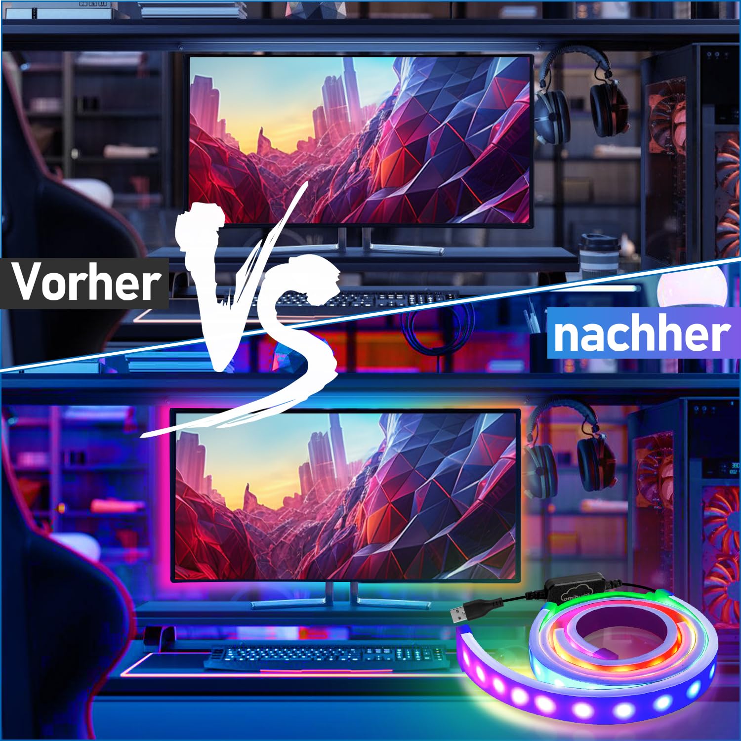 Striscia neon RGB da 27 pollici, 12 V 5050 RGB LED Neon Light Band con controllo app, musica sync, silicone fai da te, per gaming scrivania monitor PC, decorazione illuminazione, 1 confezione