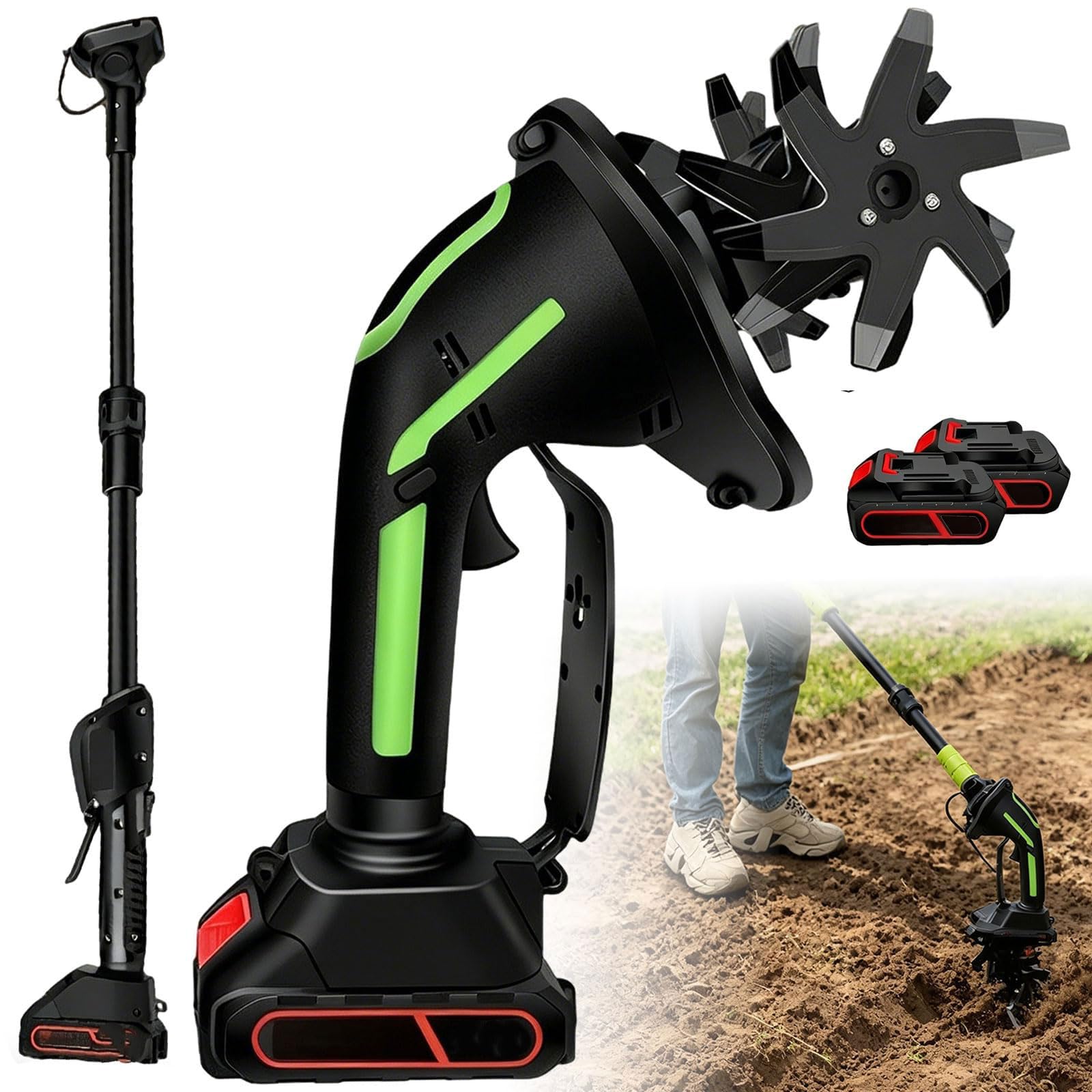 Motobineuse de jardin portative 2 en 1, cultivateur sans fil avec rallonge de 1,3 m, désherbeur électrique léger avec 2 batteries, lames en acier au manganèse à 4 rangées