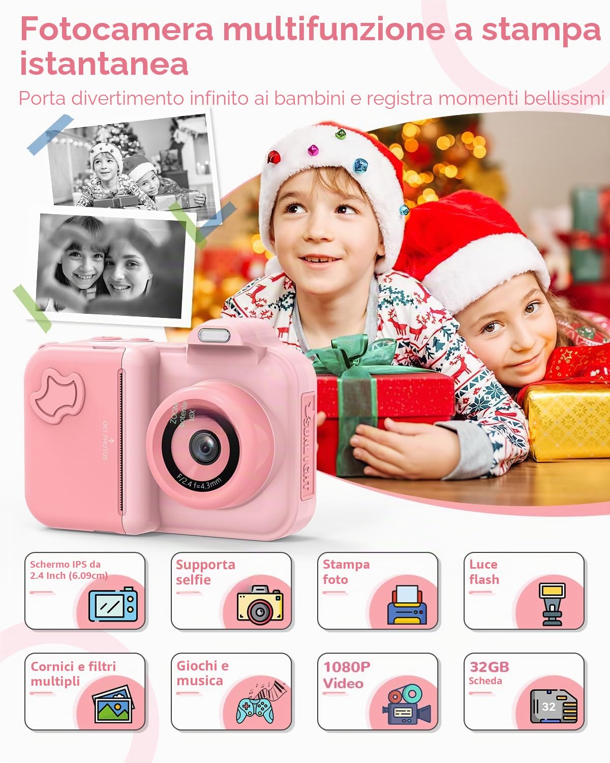 Macchina Fotografica Bambini Istantanea, 2.4" Fotocamera Digitale Selfie con 24MP/1080P HD Videocamera, 32GB Scheda, 5 Rotoli Carta Stampa Fotocamera Bambini per Ragazze Ragazzi da 3-14 Regalo, Rosa