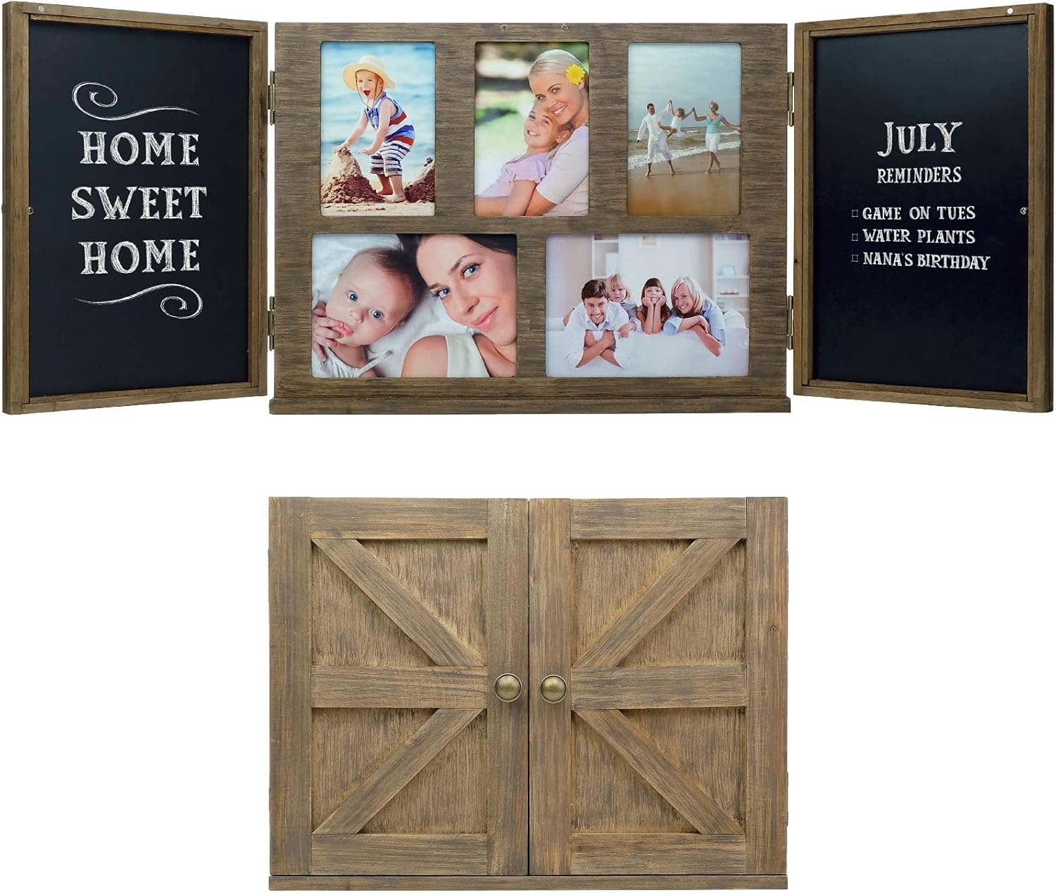 Excello Global Products Barndoor Rustic Wood Collage Picture Frame with 2 Magnetic Chalkboard Door - Holds 4x6 and 5x7 Photos