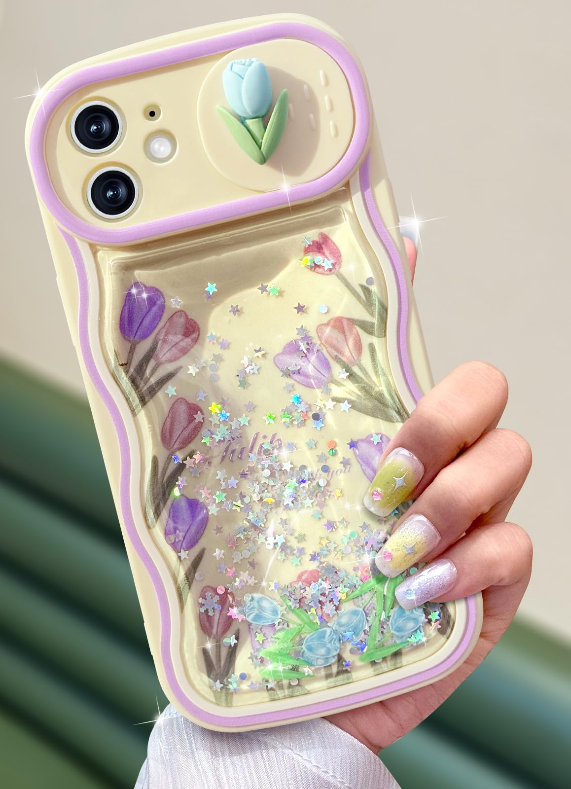 Toycamp for iPhone 12 Case 6.1 Inch - Women Girls Cute Cover Flower Tulip with Sliding Camera Cover Girly Glitter Pretty Kawaii Fashion Teens Design