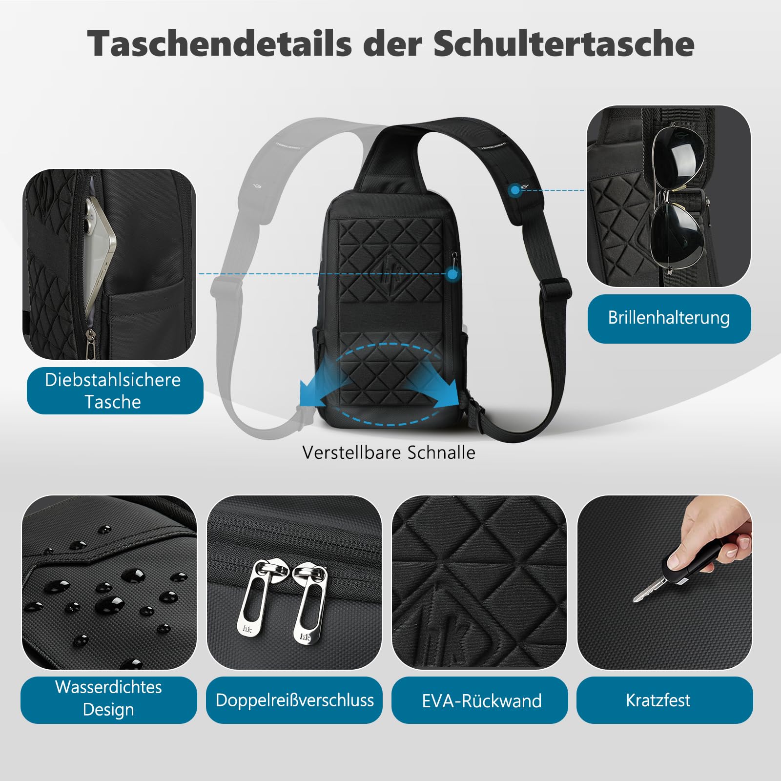 Umhängetasche Herren, Schultertaschen Slingbag mit USB | Wasserabweisende Crossbody-Tasche mit diebstahlsicherem Design, leicht und geräumig für Arbeit, Reisen und Radfahren