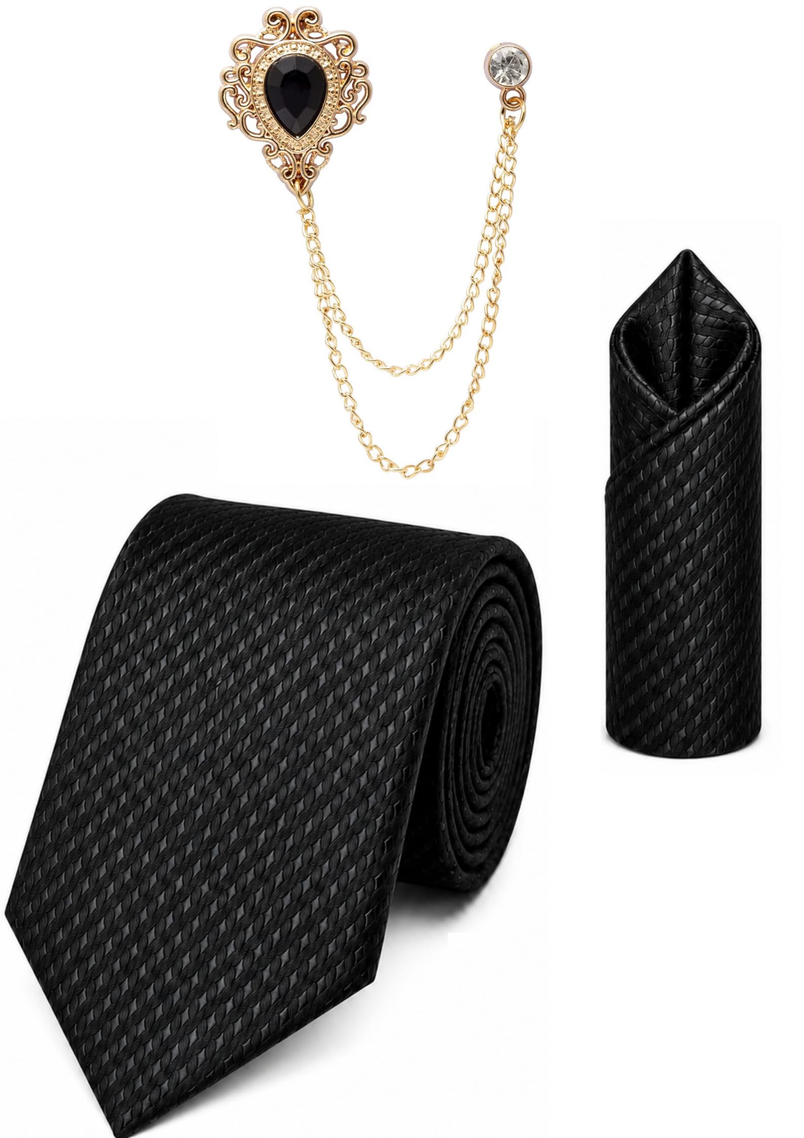 Random Stripe Men's Dark Green Silk Feel Necktie with Pocket Square & Black Stone Double Chain Brooch | Premium Formal Tie Set-picture-28