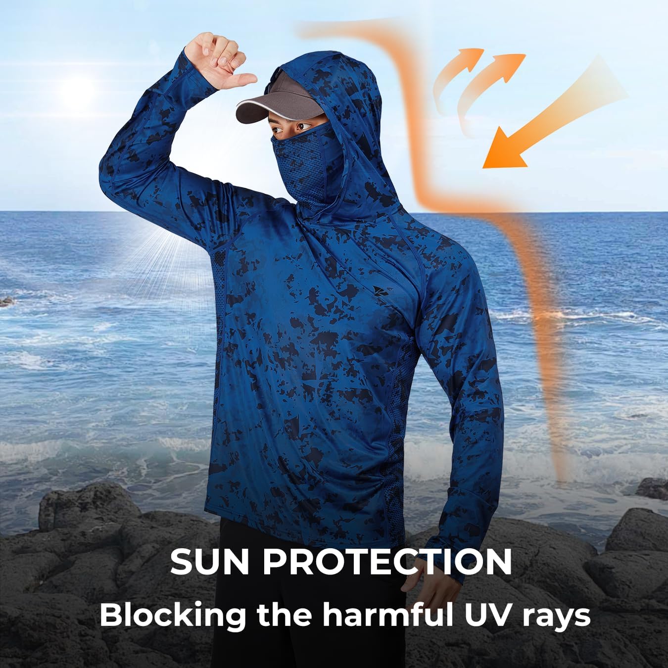 Rodeel UPF 50+ Men’s Long Sleeve Performance Fishing Hiking Shirt with Mask UV Neck Gaiter Hoodie