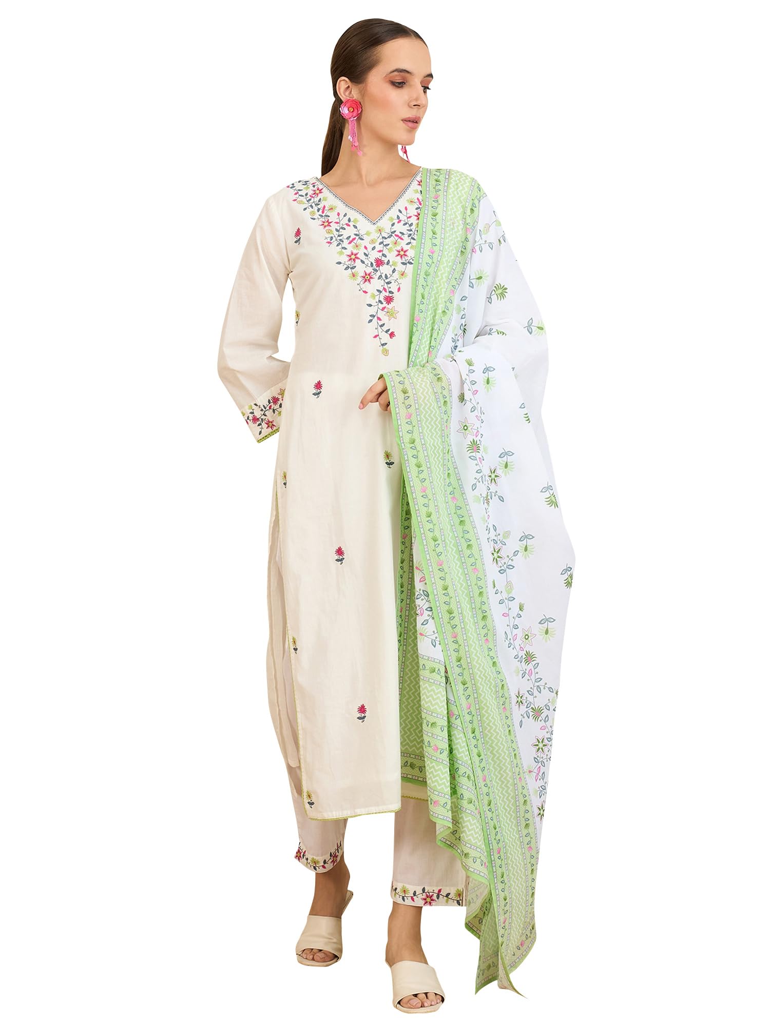 Women's Pure Cotton Embroidered Straight Kurta and Pant with Dupatta Set (IESTR6720)-image-13