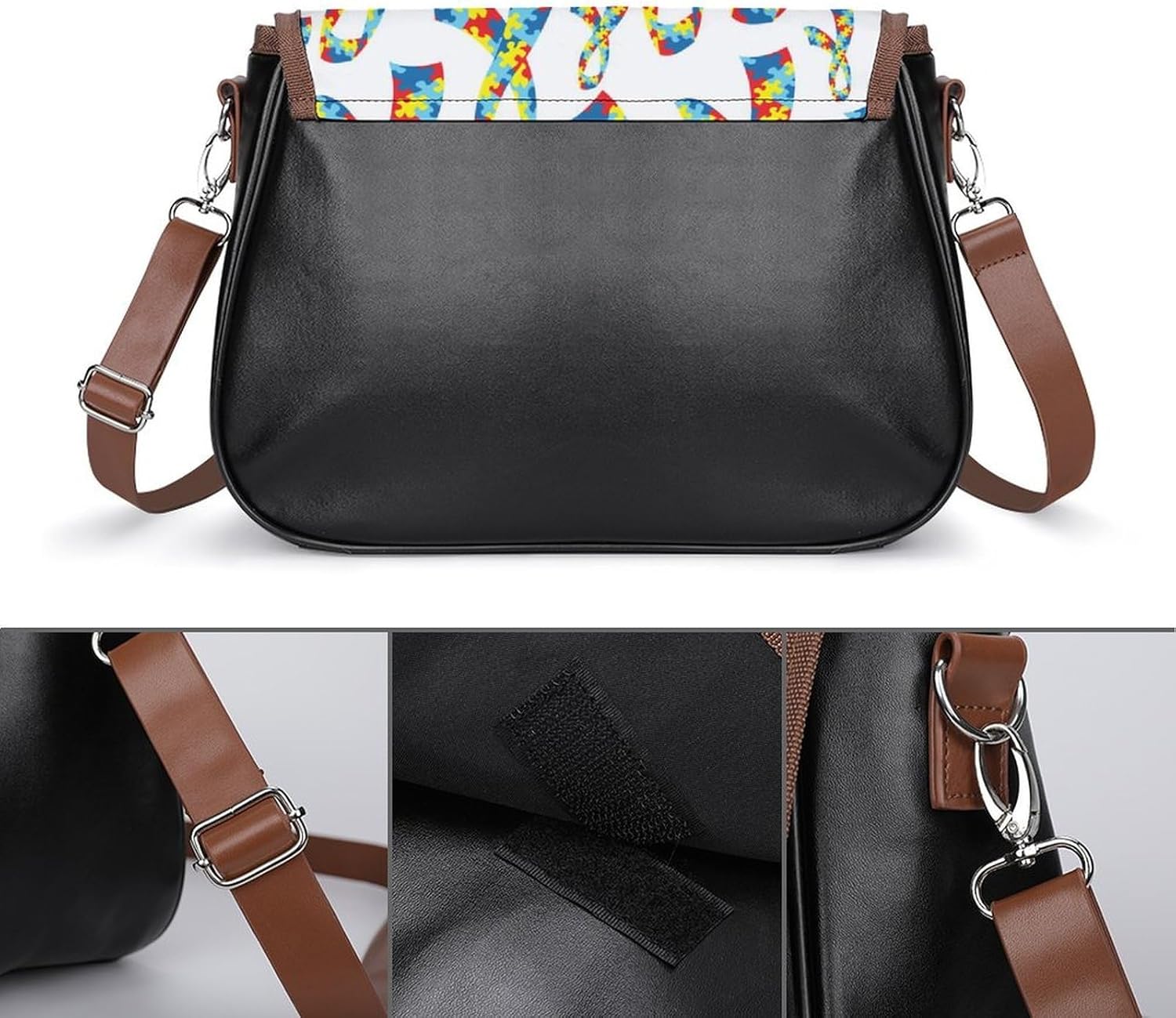 Autism Awareness RibbonsWomen's Faux Leather Crossbody Bag, Waterproof Wrinkle-Resistant Shoulder Bag with Detachable Strap, Large Capacity Casual Handbag, Fashion Daily Purse for Shopping Work Dating
