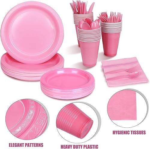 Miniatura 3 de KesaPlan Juego de vajilla desechable rosa de 212 piezas, suministros para fiestas, incluye 30 platos de plástico rosa, vasos rosas de 12 onzas,