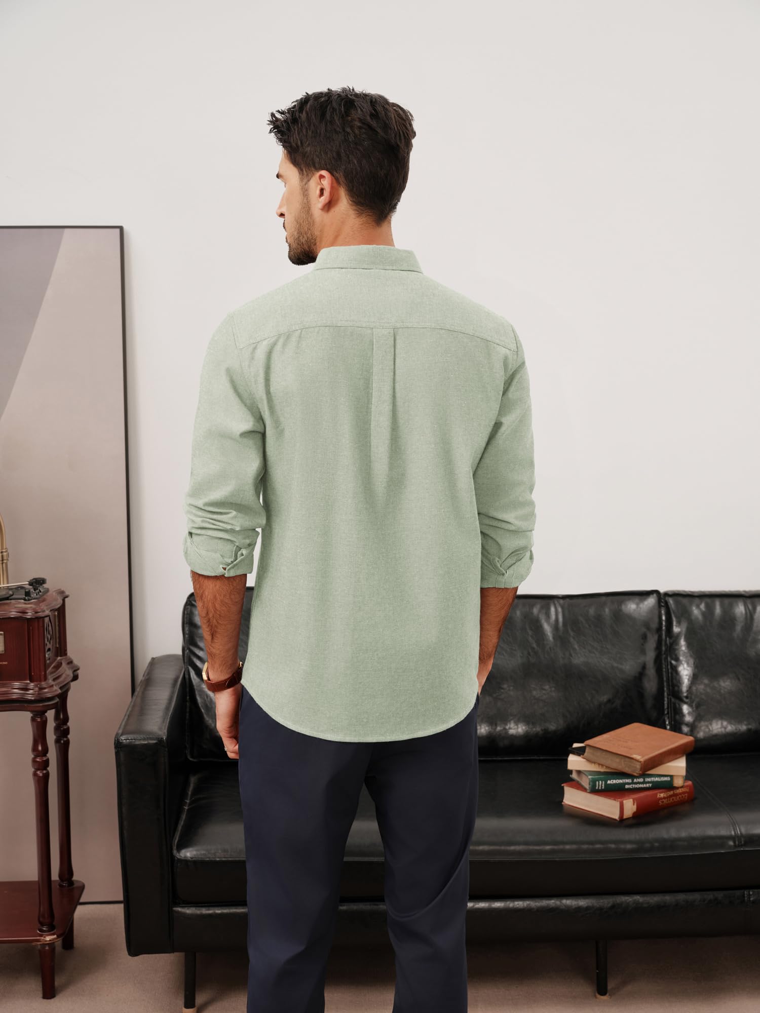 PJ PAUL JONES Camisa de manga larga para hombre, de algodón y lino, cuello abotonado, estilo casual, verde claro, L