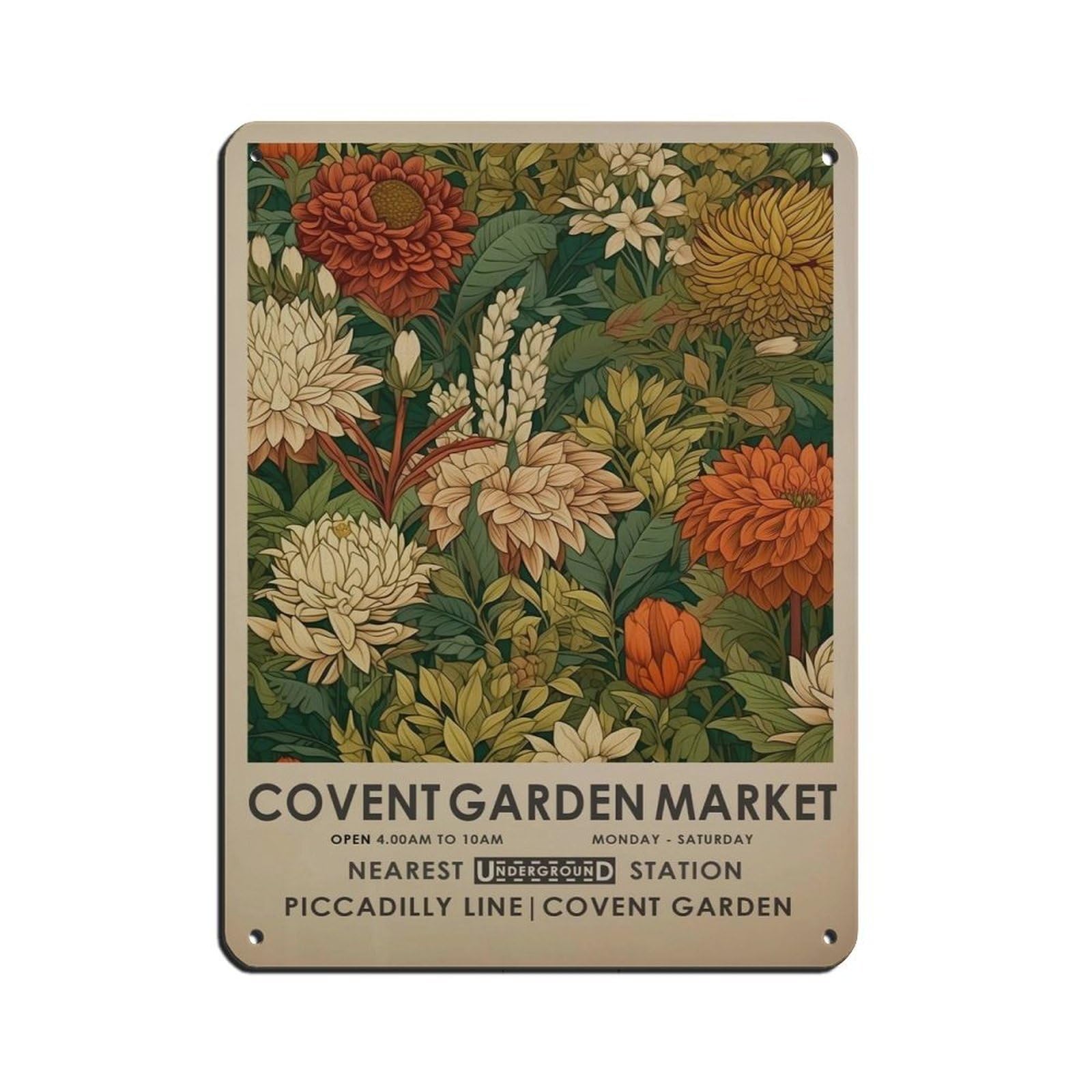 Covent Flower Market, Vintage Botanical Art Retro Poster Metal Tin Sign Chic Art Retro Iron Painting Bar People Cave Cafe Family Garage Poster Wall Decoration 12x16inch(30x40cm)