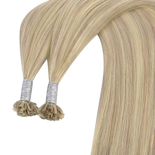 Miniatura 7 de YoungSee Extensiones de cabello humano real con puntas en U, rubio ceniza con rubio decolorado, extensiones de cabello humano natural con punta en