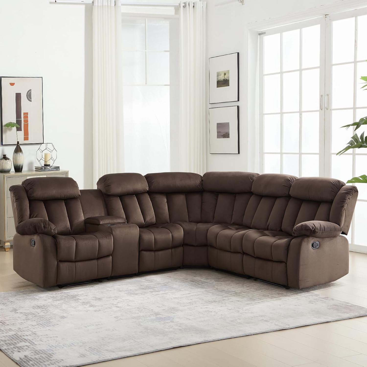 EBELLO Manual Reclining L-Shaped Sectional Sofa Set, Soft Fabric Corner Couch with Center Console, Cup Holders and Storage – Perfect Living Room Home Set Furniture