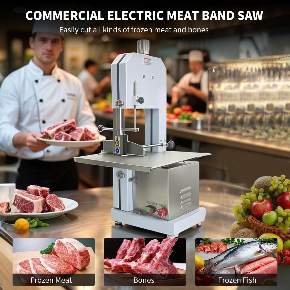 1600W Commercial Electric Bone Saw Machine, Cutting Thickness, Frozen Meat Cutter 110V Commercial Bandsaw Machine, Table Sawing for Chicken Fish Trotter Beef, Equipped with 5 Saw Blades