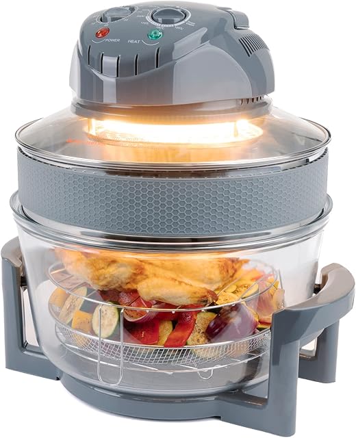 LIVIVO 17L Halogen Oven Cooker with Self-Cleaning 1400W Element and Easy Analogue Controls, Accessories Including Extender Ring, Racks and Tongs (Grey)