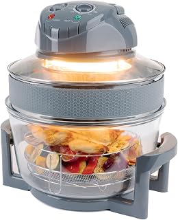 LIVIVO 17L Halogen Oven Cooker with Self-Cleaning 1400W Element and Easy Analogue Controls, Accessories Including Extender Ring, Racks and Tongs (Grey)