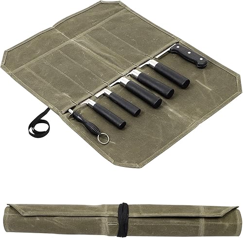 Rollo de cuchillo, bolsa de rollo de cuchillo de chef, estuche de lona encerada para cuchillos con 7 ranuras, envoltura portátil para cuchillos,