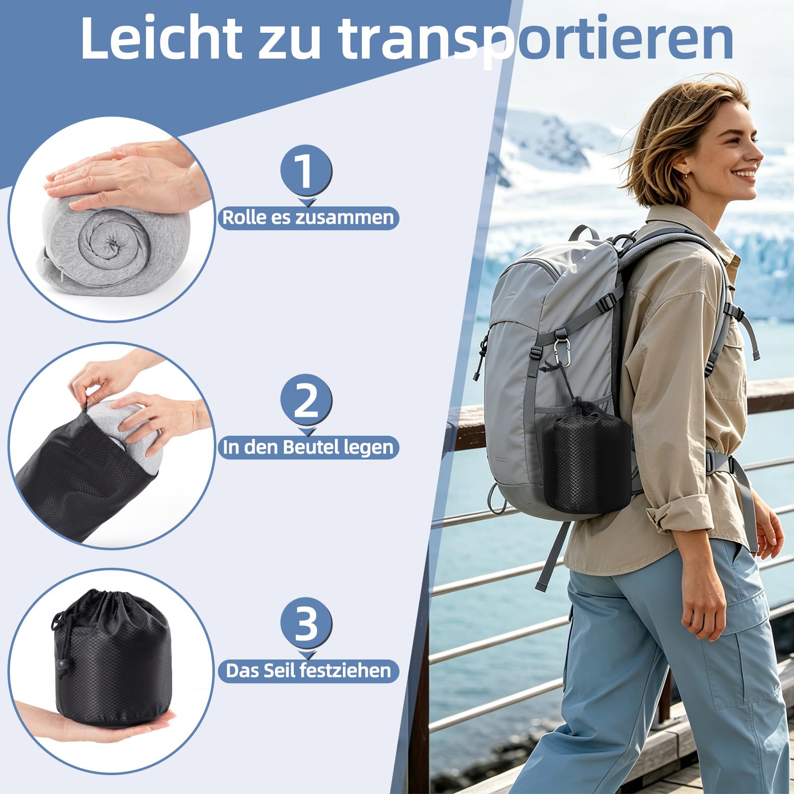 Cojín De Viaje Compactable con Capucha Cortaviento, Soporte 360° Integral | Funda Desmontable, Espuma Viscoelástica, Ajustable Velcro, Tela Transpirable, Set Completo Con Bolsa De Almacenamiento
