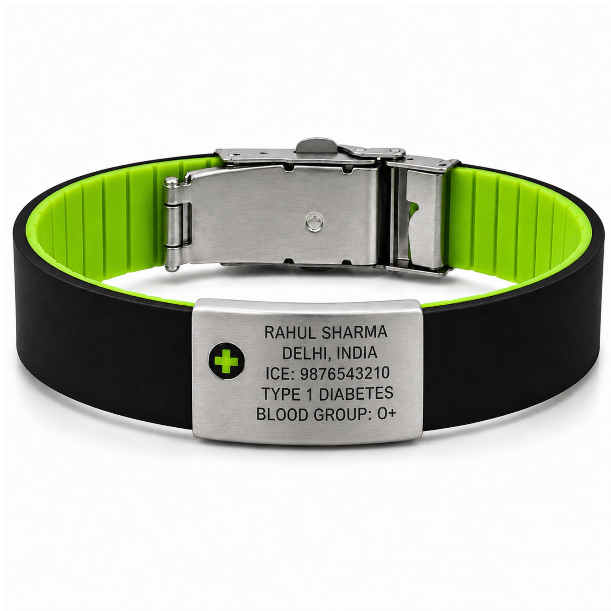 MY ROAD ID Duo Medical Alert Bracelet – Slimmer Stainless Steel ID Plate for Low-Profile Wear – Adjustable Silicone Band with Locking Clasp – Laser Engraved Name, Blood Group, Emergency Contacts-image-25