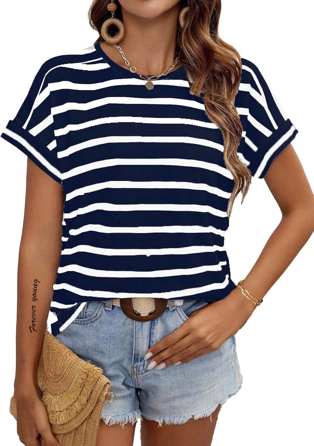 LilyCoco Womens Short Batwing Sleeve Striped Shirt Crew Neck Tops Casual Loose Fit Tee