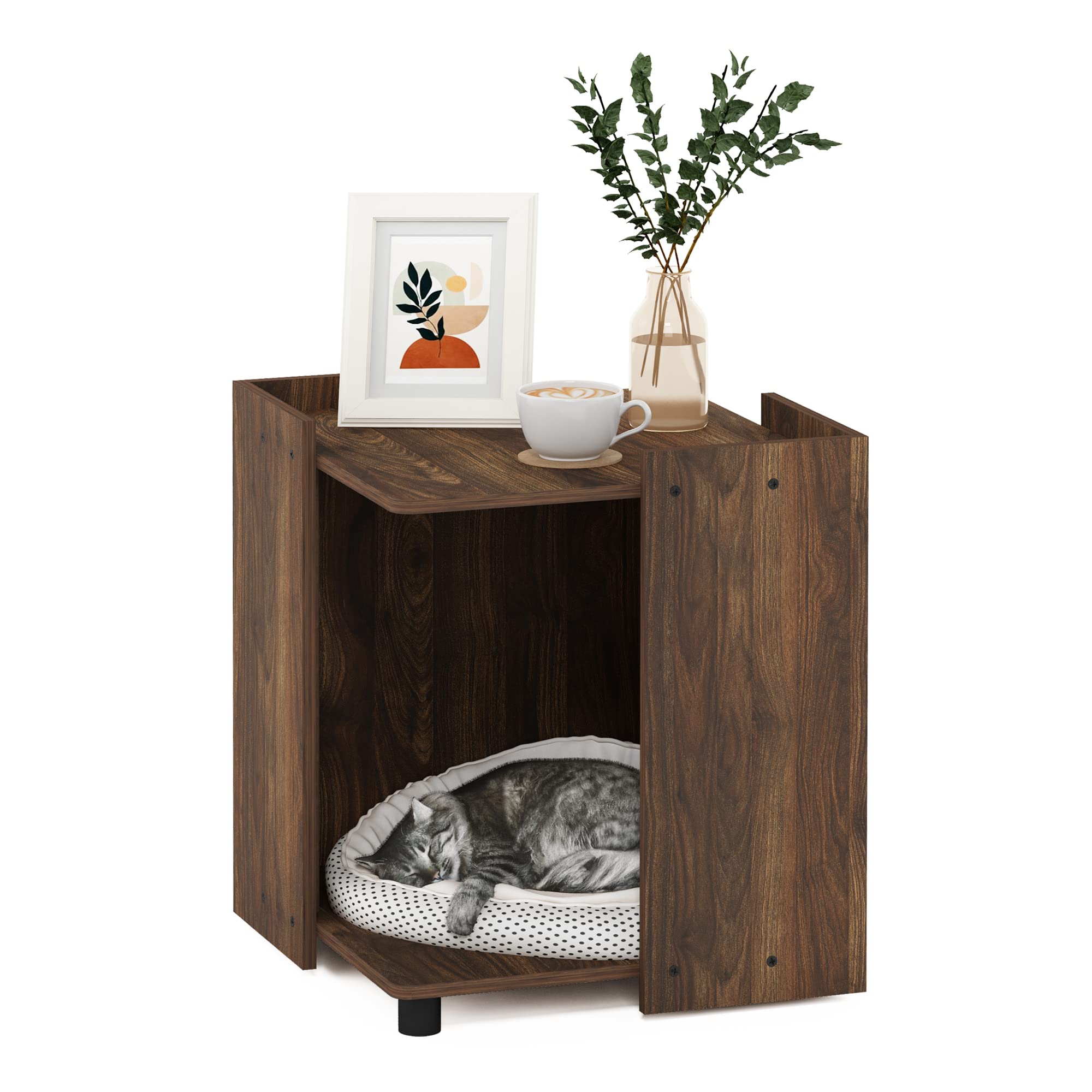 Furinno PELI Cat Litter Box Enclosure, 17 Square Hidden Litter Box Furniture with Open Storage, Wooden Pet House, Easy Assembly, for Living Room, Columbia Walnut