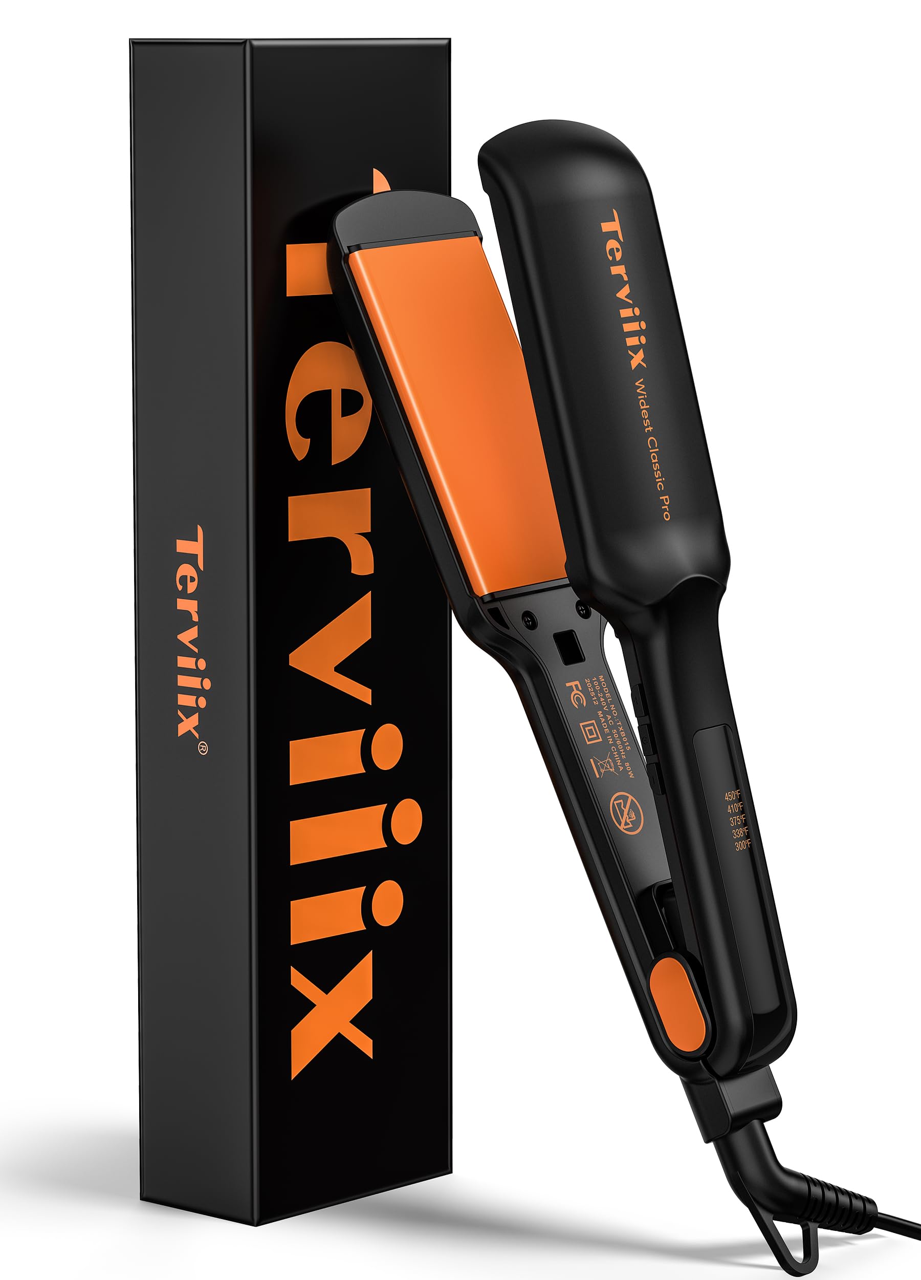 Terviiix 2 Inch Wide Ceramic Flat Iron for Thick Curly Hair - Hair Straightener Heats in 30s, 300F-450F Adjustable, Dual Voltage for Travel, Auto Shut