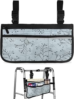 Art Line Flowers Wheelchair Side Bag Walker Bag, Black Botanical Floral Wheelchair Accessories Armrest Pouch, Organizer Storage Bag for Walkers, Rollators, Scooters, 7.3'x13'