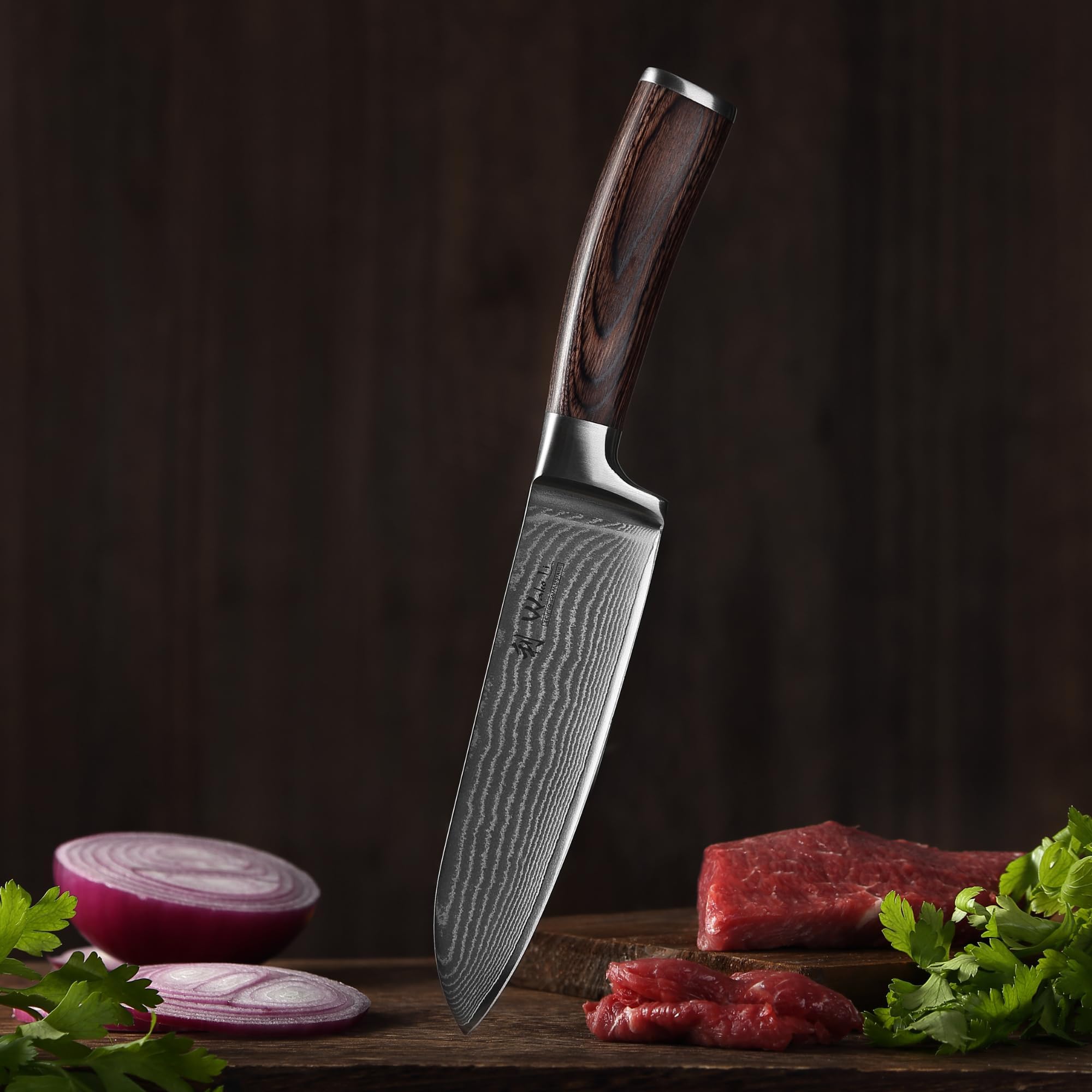 Wakoli Zestaw Noży, Stal Damasceńska, Sebrny, 29/19 cm, 2-Częściowy | Z Santoku 17 cm, nóż do mięsa 18 cm, mały Santoku 12 cm i nóż biurowy 8,5 cm z 67 warstw stali damasceńskiej z rdzeniem VG10