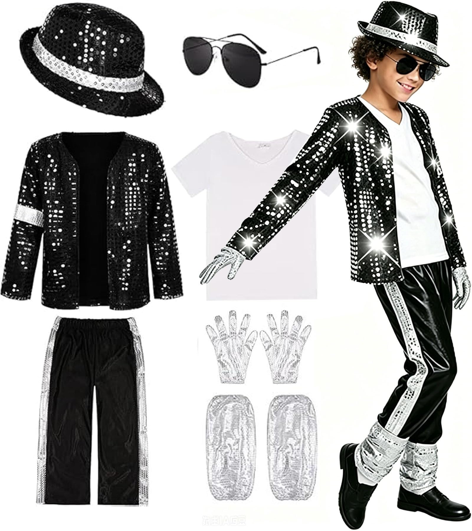 Generico 7 Pcs per Costume Halloween Pop Star - Giacca Nera con Paillettes, Pantaloni, Cappello, Guanti Travestimento Retrò Anni '80/'90 per Spettacoli Scena per Feste Halloween