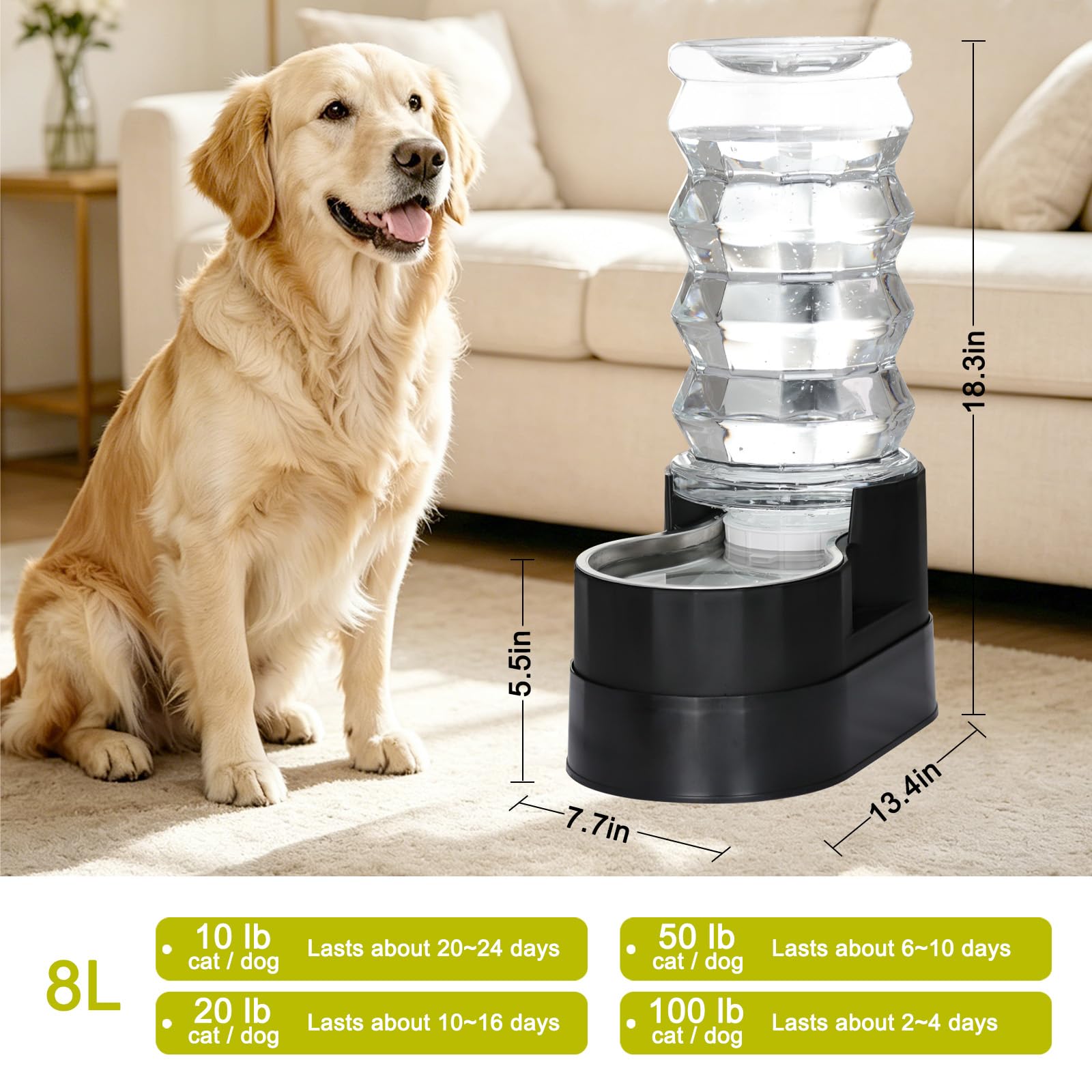 RIZZARI Abbeveratoio automatico per animali domestici, alimentato a gravità, in acciaio inox, 100% senza BPA, grande capacità per gatti e cani di taglia media e grande