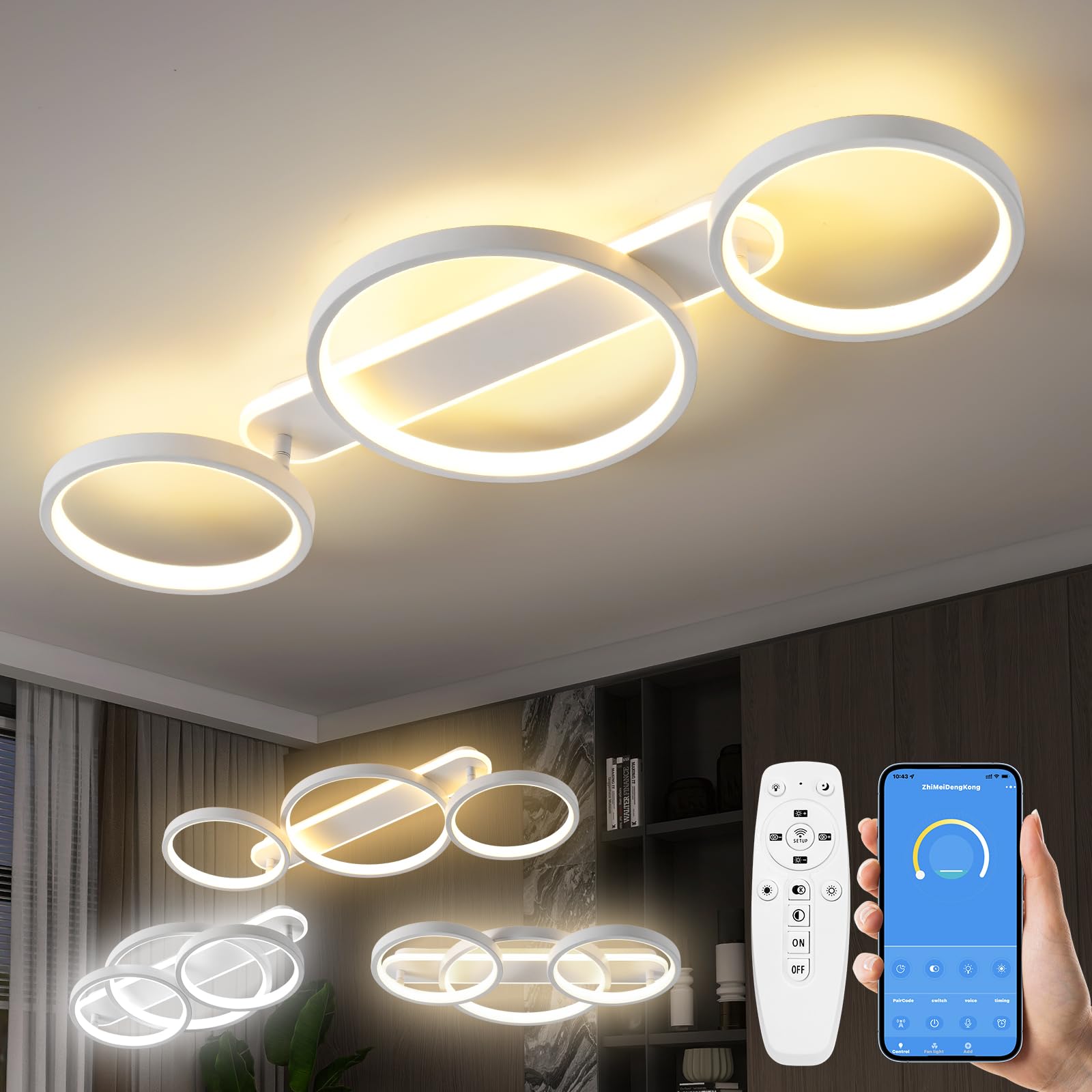 Plafoniera led soffitto LED,Lampada da soffitto dimmerabile con telecomando APP,Lampadario soggiorno regolabile a forma di anello a 3 luci Lampadario,Plafoniera soffitto per camera da letto Bianco