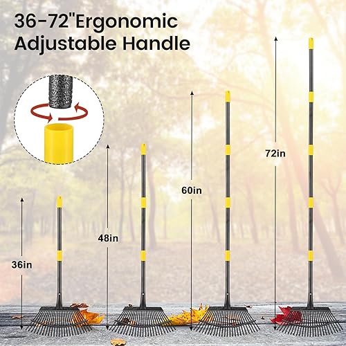 Miniatura 5 de COCONUT Rastrillo de hojas de metal ajustable de 6 pies y agarre para césped, resistente, 25 dientes, patio, césped, mantillo, arbusto, cama de