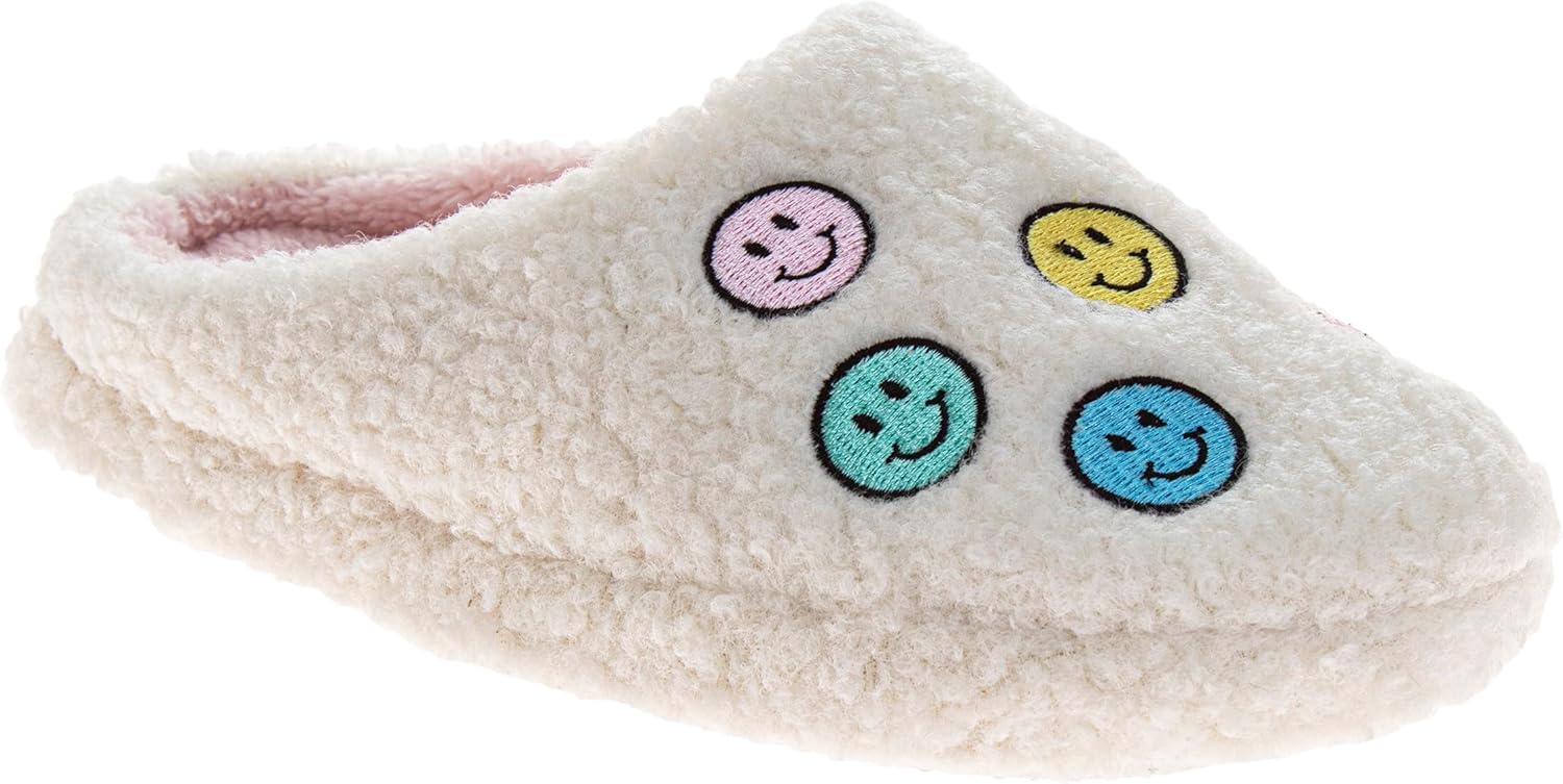 Josmo Kids Fuzzy Slippers for Girls or Boys Plush Slip-On House Shoes Smiley Face Strap Back Cozy Indoor Slides Size 11-13 Little Kids / 1-4 Big Kids