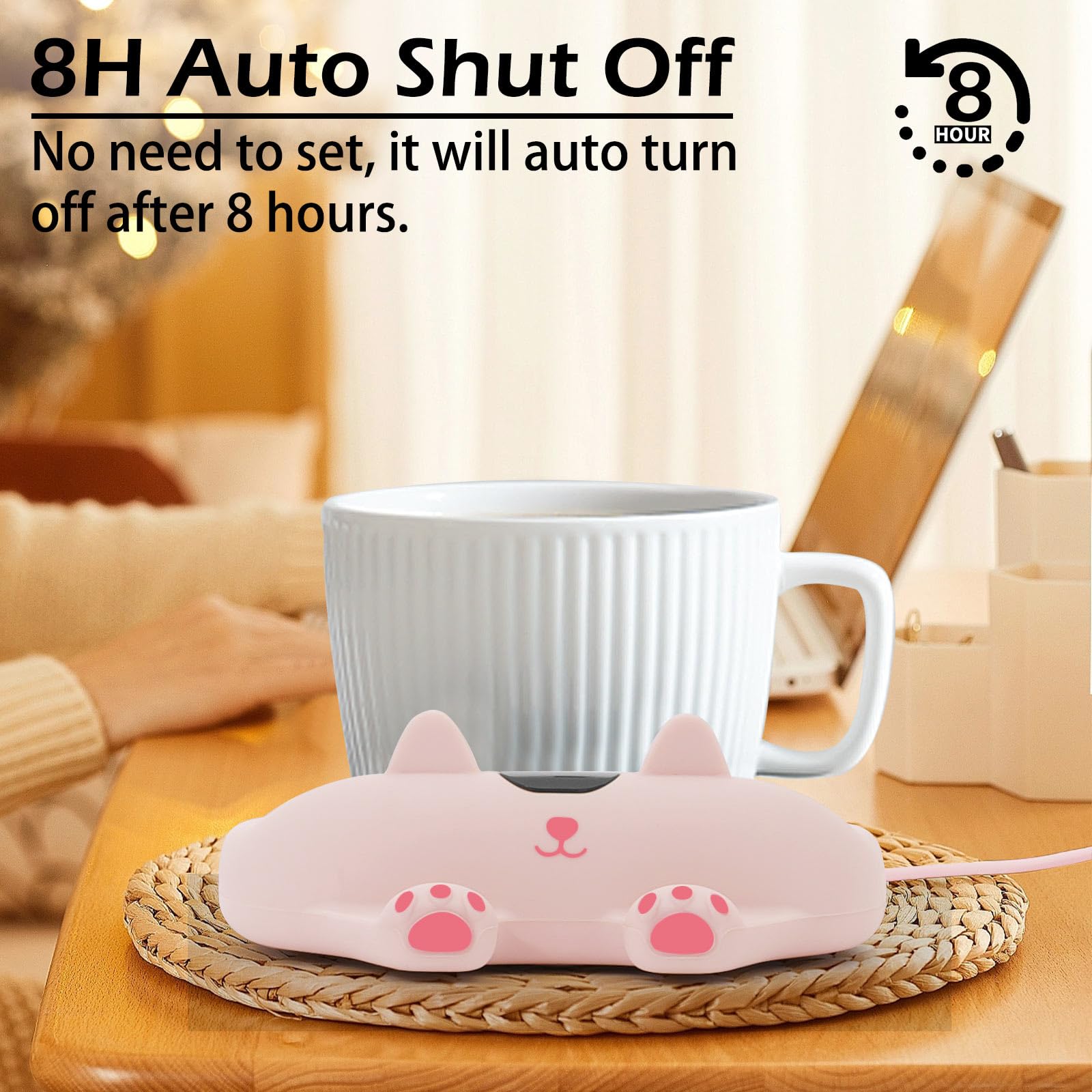 PUSEE Coffee Mug Warmer & Cute Cat Mug Set, Coffee Cup Warmer for Desk with Auto Shut Off, Beverage Warmer with 3 Temp Settings, Candle Warmer Coffee Warmer with Mug Set for Christmas & Birthday Gifts: Ador Pink