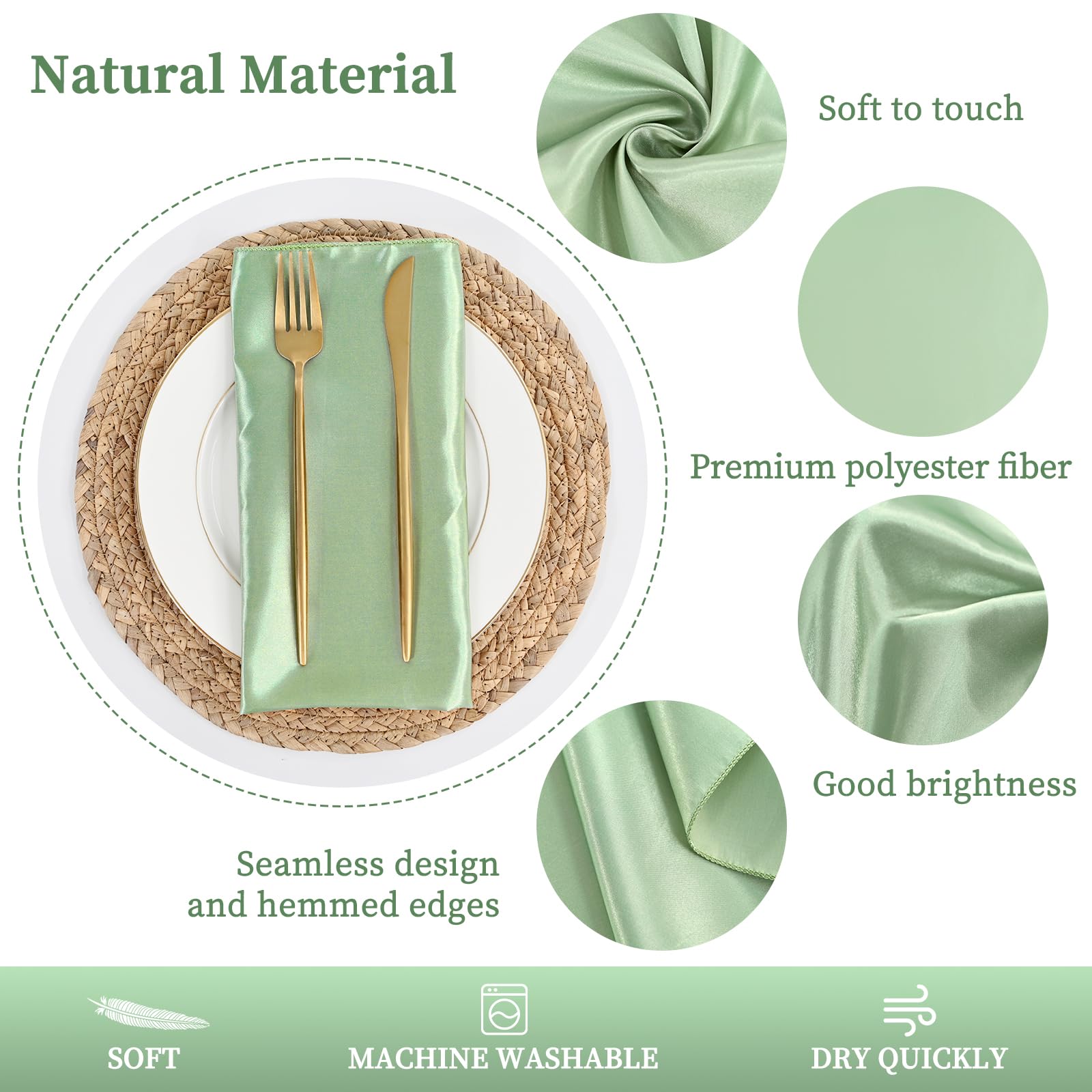 Lot de 60 serviettes de table carrées en satin douces et lavables pour mariage, banquet, restaurant, fête - 50,8 x 50,8 cm - Vert sauge