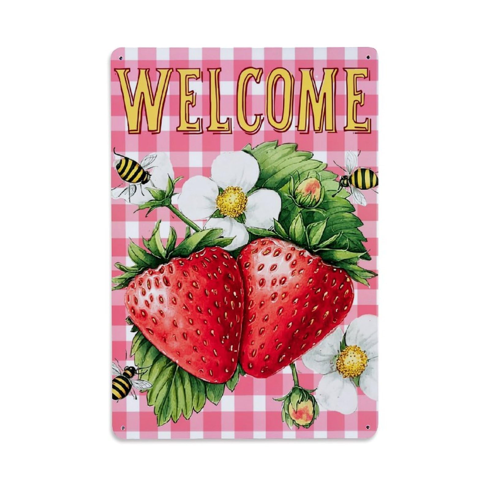 Nestemfo Vintage Welcome Strawberry Bee Floral Pattern Tin Sign Metal Sign, Living Room,Bar, Home, Bedroom Wall Decor,Retro Metal Poster 8X12 Inches