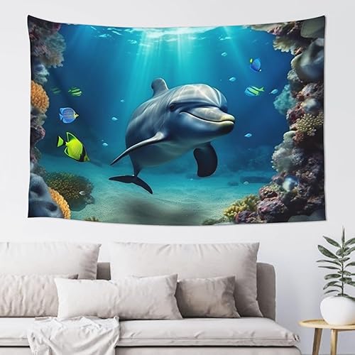 Dwrepo Tapiz con estampado de delfines del mundo subacuático, gran moda, para colgar en la pared, decoración divertida del hogar para dormitorio,
