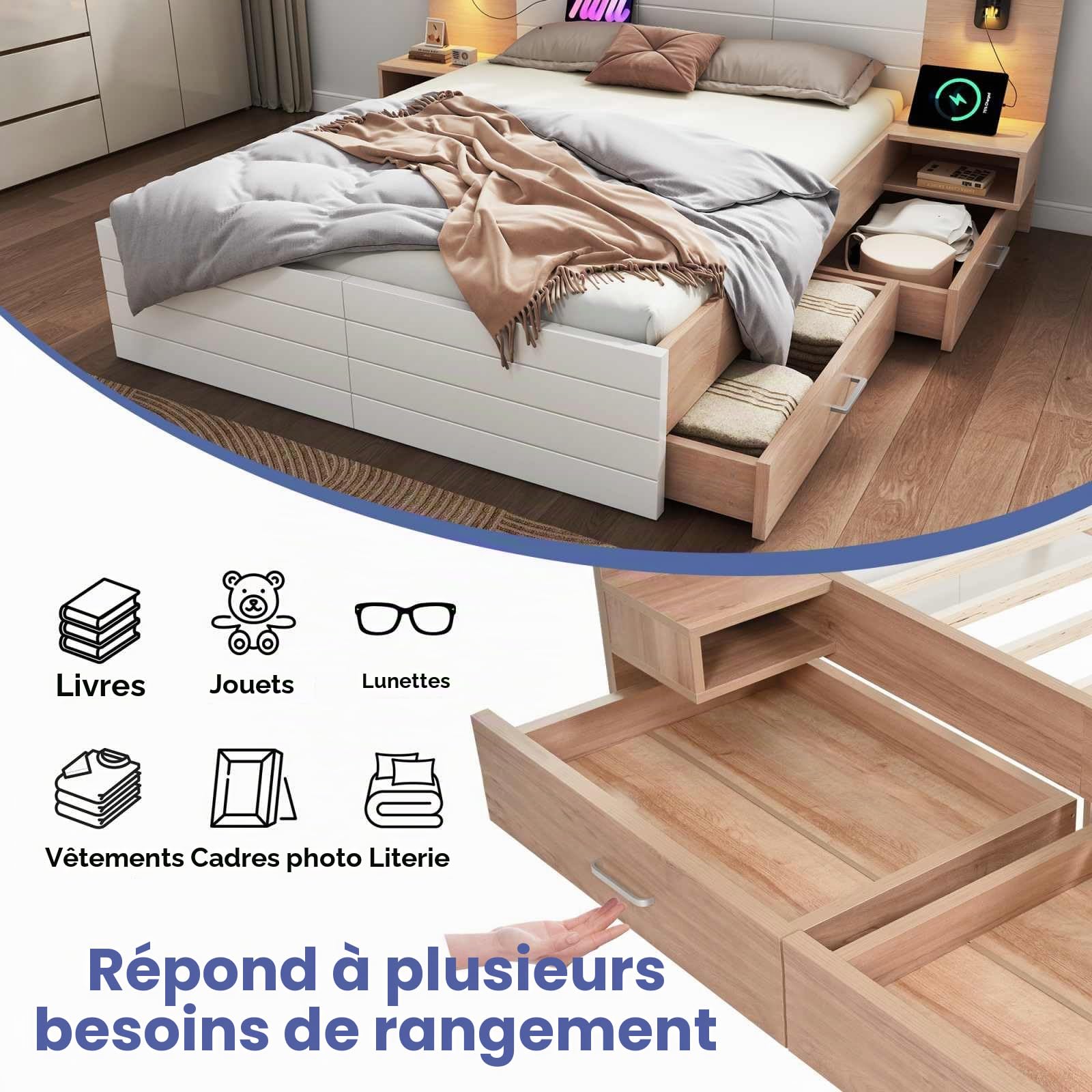 YEHTOKHOME Lit Moderne en Bois avec Port de Charge USB et liseuse, Multifonctionnel lit avec 2 Tables de Chevet, 2 tiroirs et sommier à Lattes(sans Matelas) (Blanc + Chêne 2, 160x200cm)
