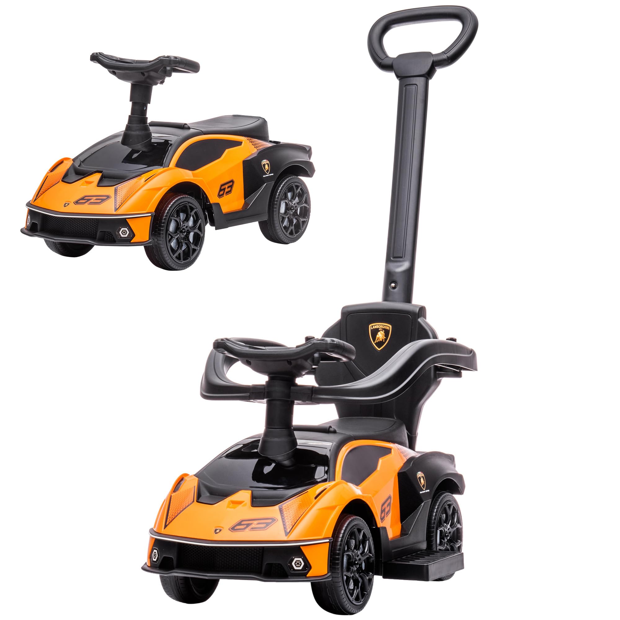 AIYAPLAY Lamborghini Macchinina per Bambini 2 in 1 con Maniglione e Barriera di Sicurezza, Volante e Clacson, Auto per Bambini in PP e Metallo, 86.5x40x89.5 cm, Arancione e Nero