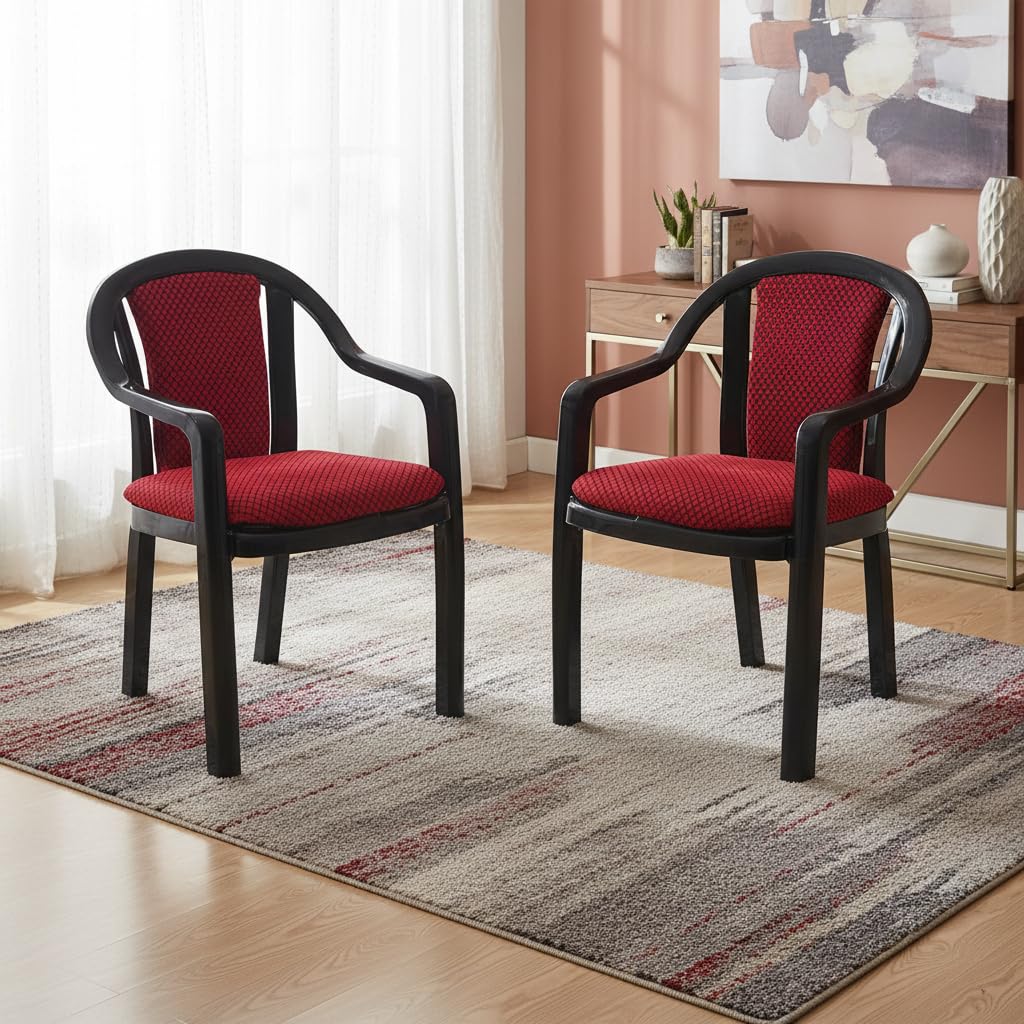 supreme ornate lacquered finish plastic chair with cushion for office, living room, home(color: red/black, set of 2)