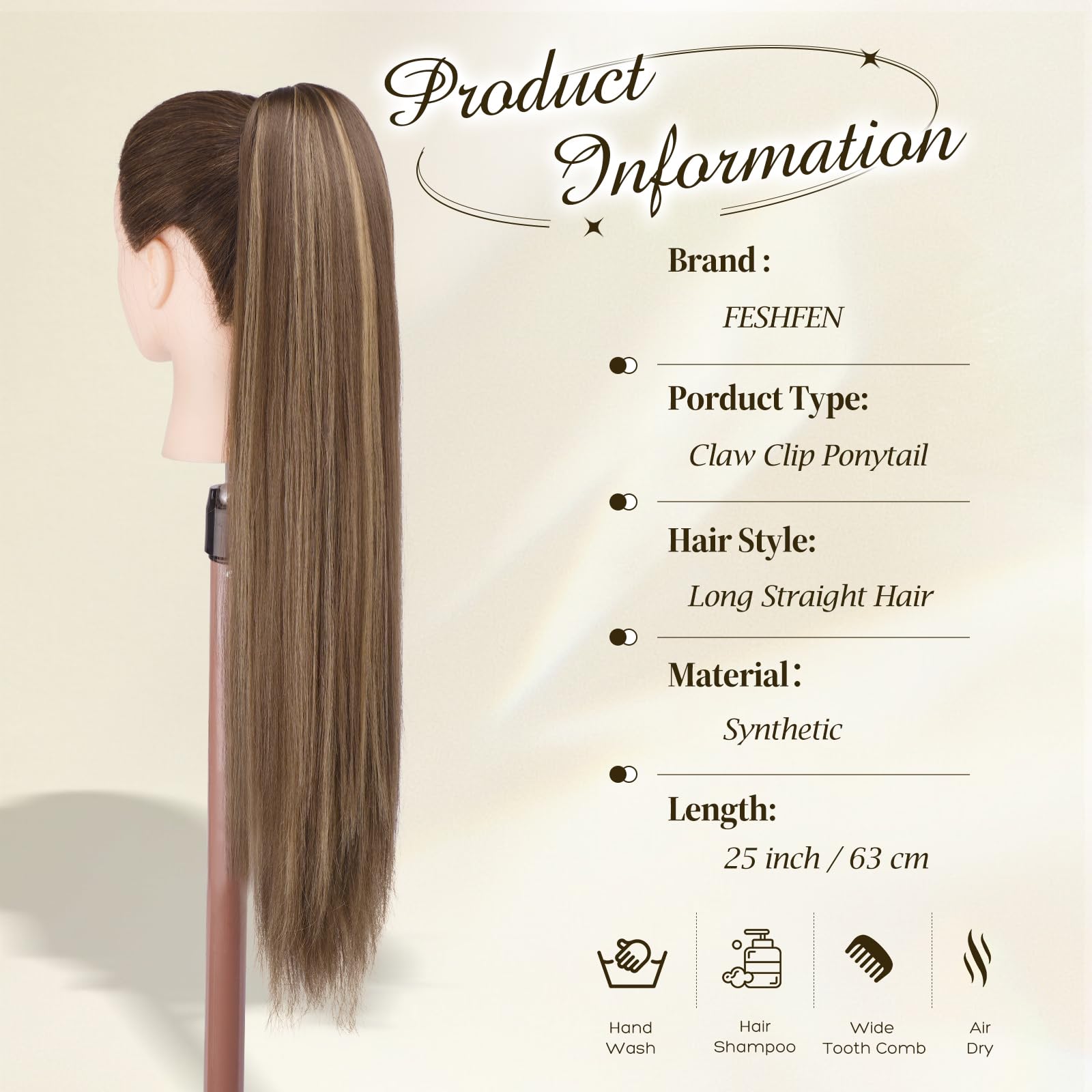 FESHFEN Langer Pferdeschwanz Haarteil - Glatte Zopf Extensions mit Klammer Synthetik Haarverlängerung Claw Clip in Ponytail Haare Extension für Damen, 63 cm Honigblond Gemischt Mit Hellbraun