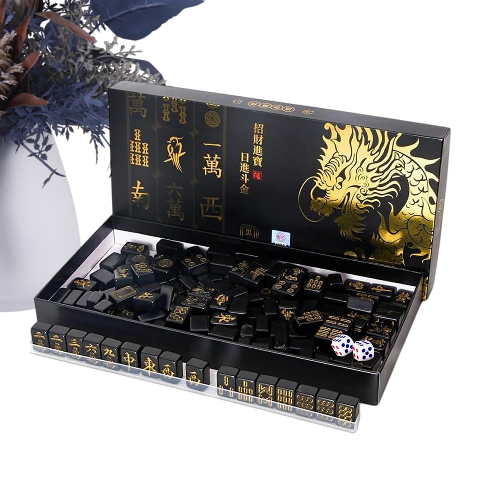 Mahjong Stein Set - 144 Stück Schwarz Gold Komplettes Fliesenset | Mahjong Brettspiel Inklusive 2 Würfel Und 4 - Geeignet Für Erwachsene Spieler Für Zu Hause, Auf Reisen, Auf Partys Und Als A