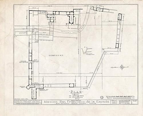 Historic Pictoric  Blueprint HABS TEX,15-SANT.V,2- (Sheet 1 of 4) - Mission San Francisco de la Espada, Berg's Mill Community, San Antonio, Bexar