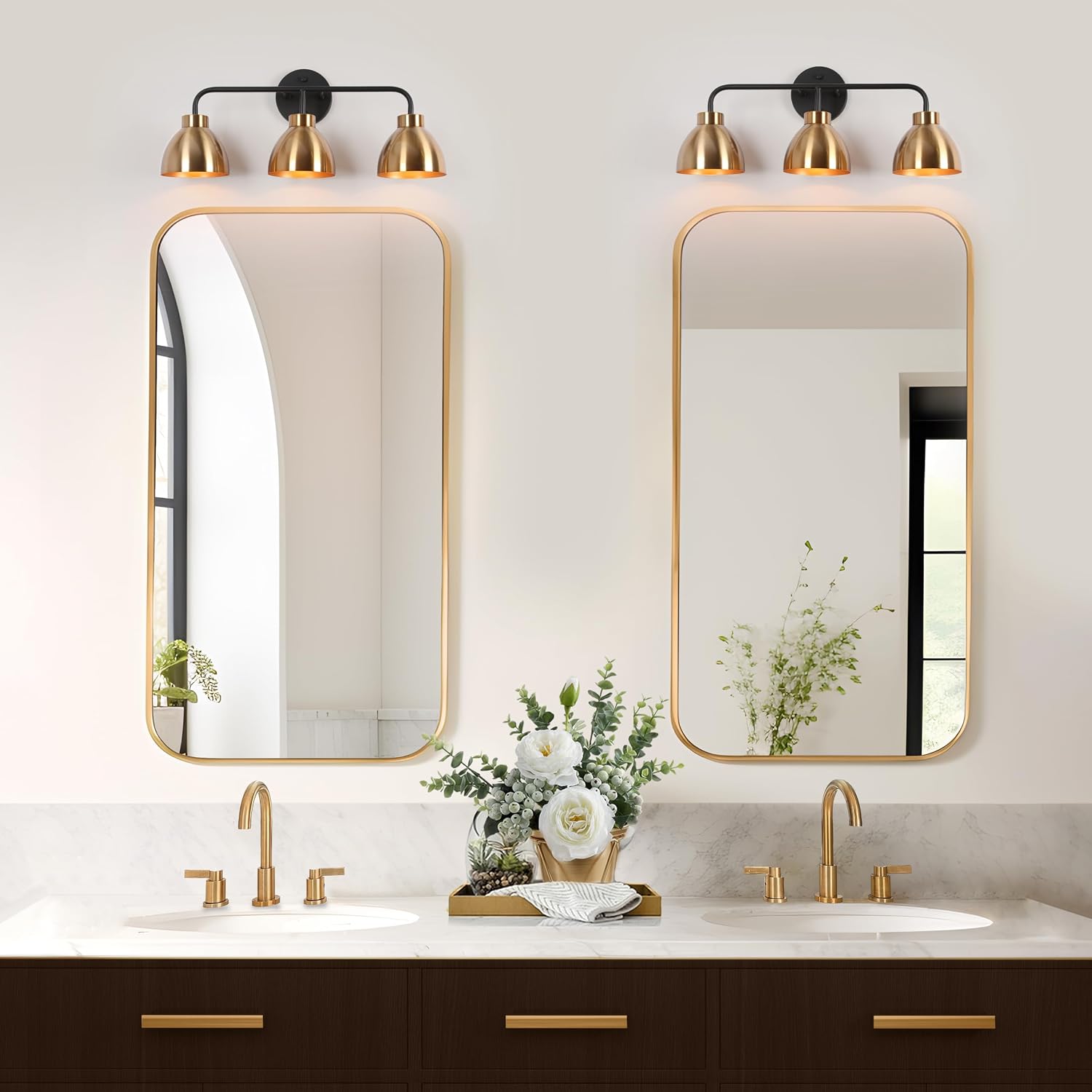 KSANA 3 Lights Black and Gold Bathroom Vanity Light, Modern Metal Brass Dome Shade Light Fixture for Mirror, Bathroom, or Powder Room