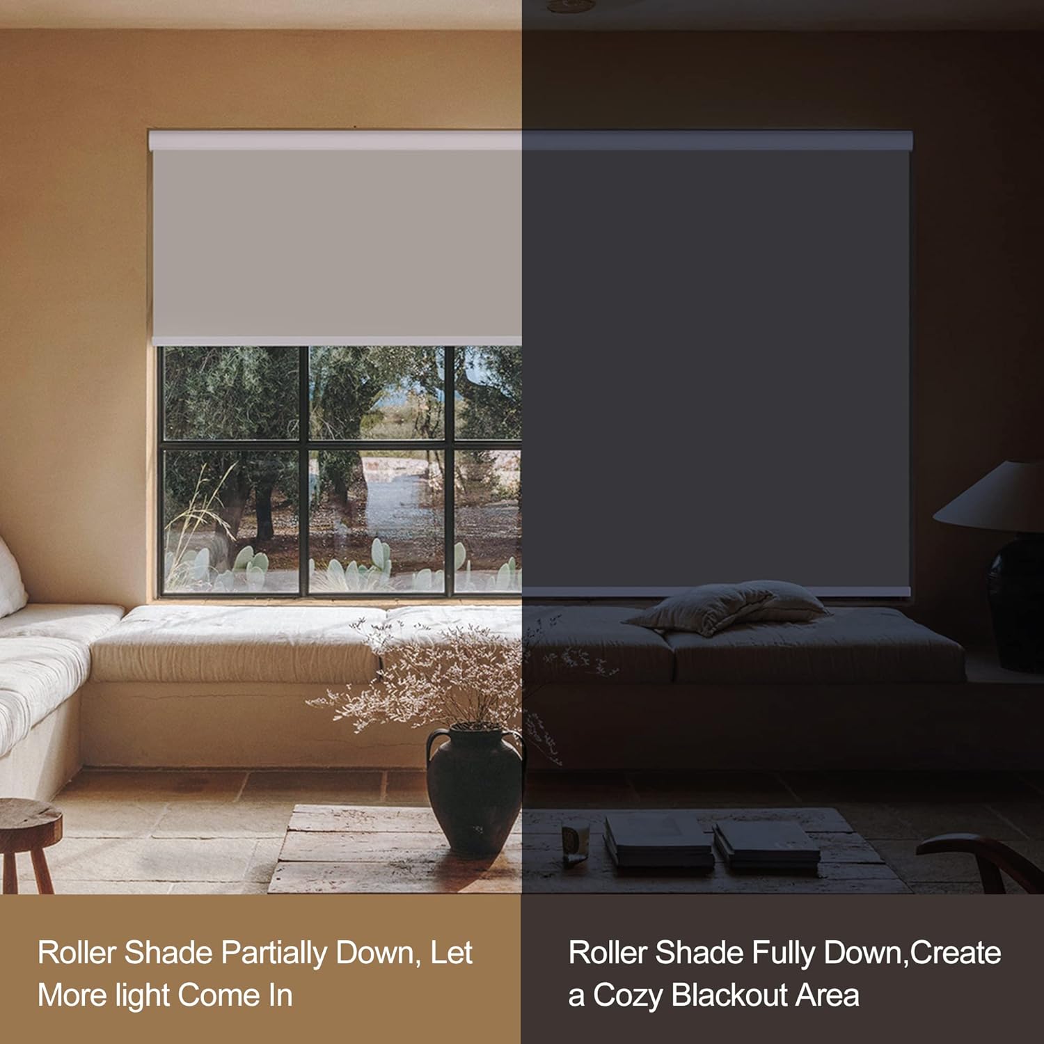 Blackout Roller Shade for Windows Cordless Room Darkening Roller Blinds with Cassette Valance Black Out Window Shades for Home Office Living Room Bedroom Light Brown,54" W x 36" H