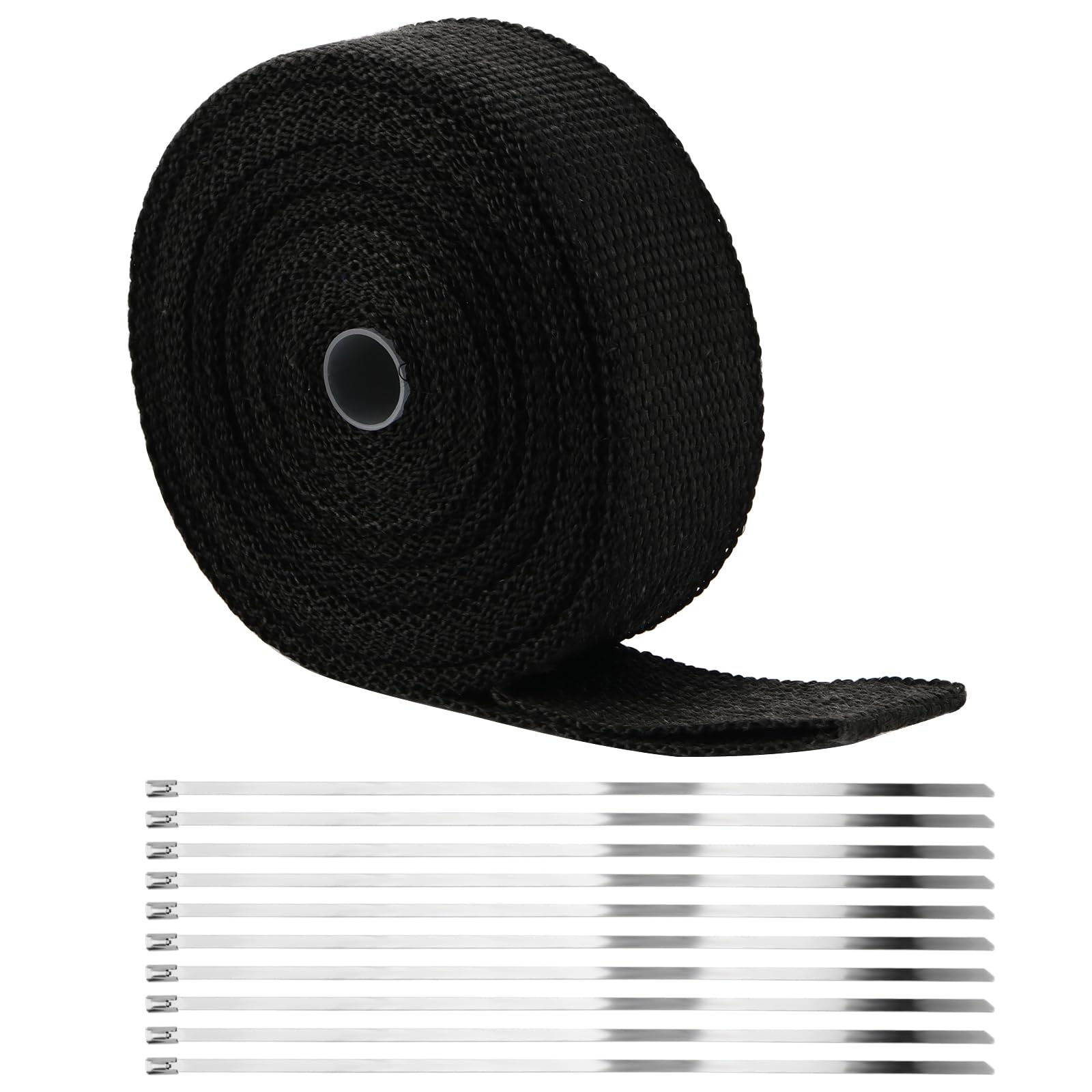 Benda Termica per Scarico Marmitta, Nastro Termico Isolante in Fibra di Vetro, 15 m x 50 mm, Nero, 10 Fascette in Acciaio Inox, per Auto e Moto