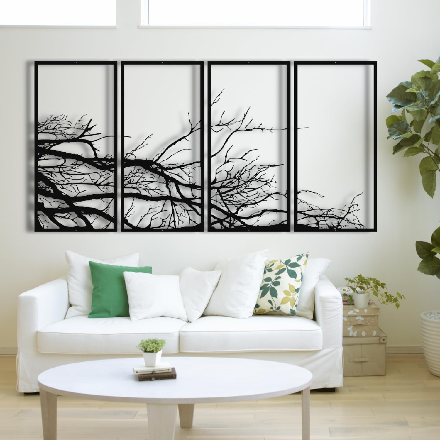 Decoración de Pared de Metal, árbol de la Vida, árbol genealógico, 4 Paneles, árbol Grande, decoración para el hogar, Sala de Estar (Plateado, 40" x 20" | 100 x 50 cm)
