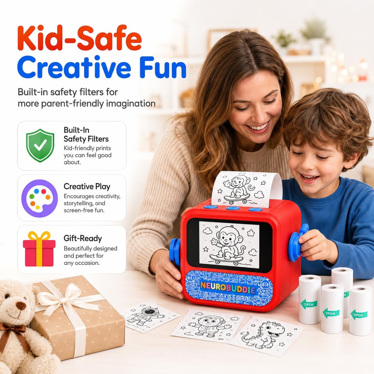 Kids Sticker Printer, AI Voice Sticker Maker with Screen Preview, 6 Rolls Paper, Inkless Thermal Mini Printer for Creative Coloring, DIY Crafts, Journals, Reward Charts, Gifts for Boys Girls